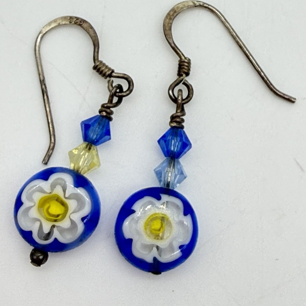 Vintage Millefiori Earrings 925 Sterling Silver Blue Glass Dangle Read